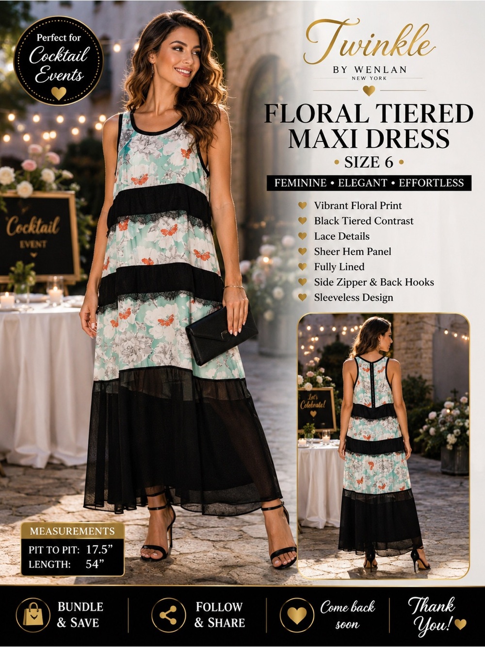 Twinkle by Wenlan New York Floral Tiered Maxi Dress – Size 6
